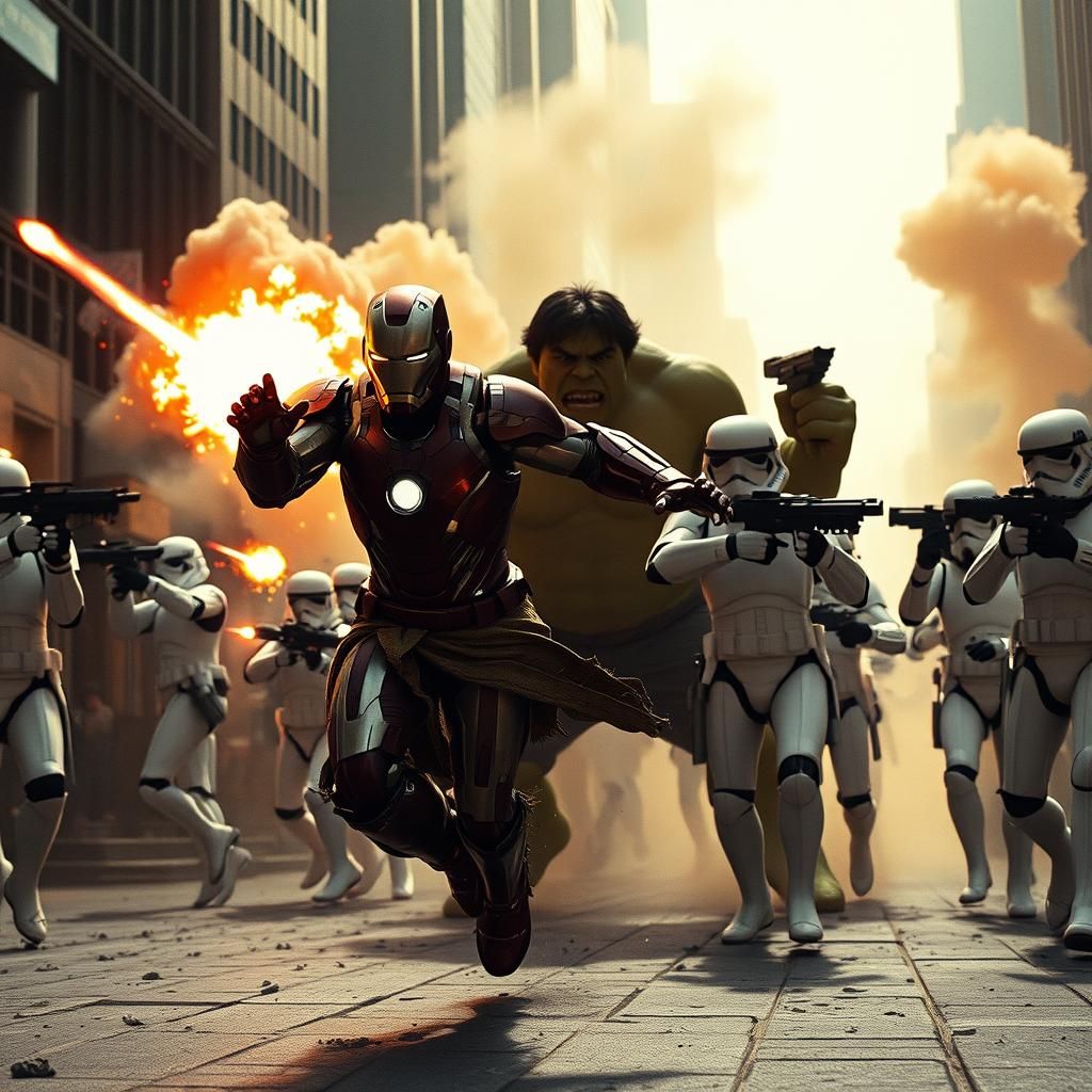 Ironman and Hulk vs Stormtroopers in Dystopian City