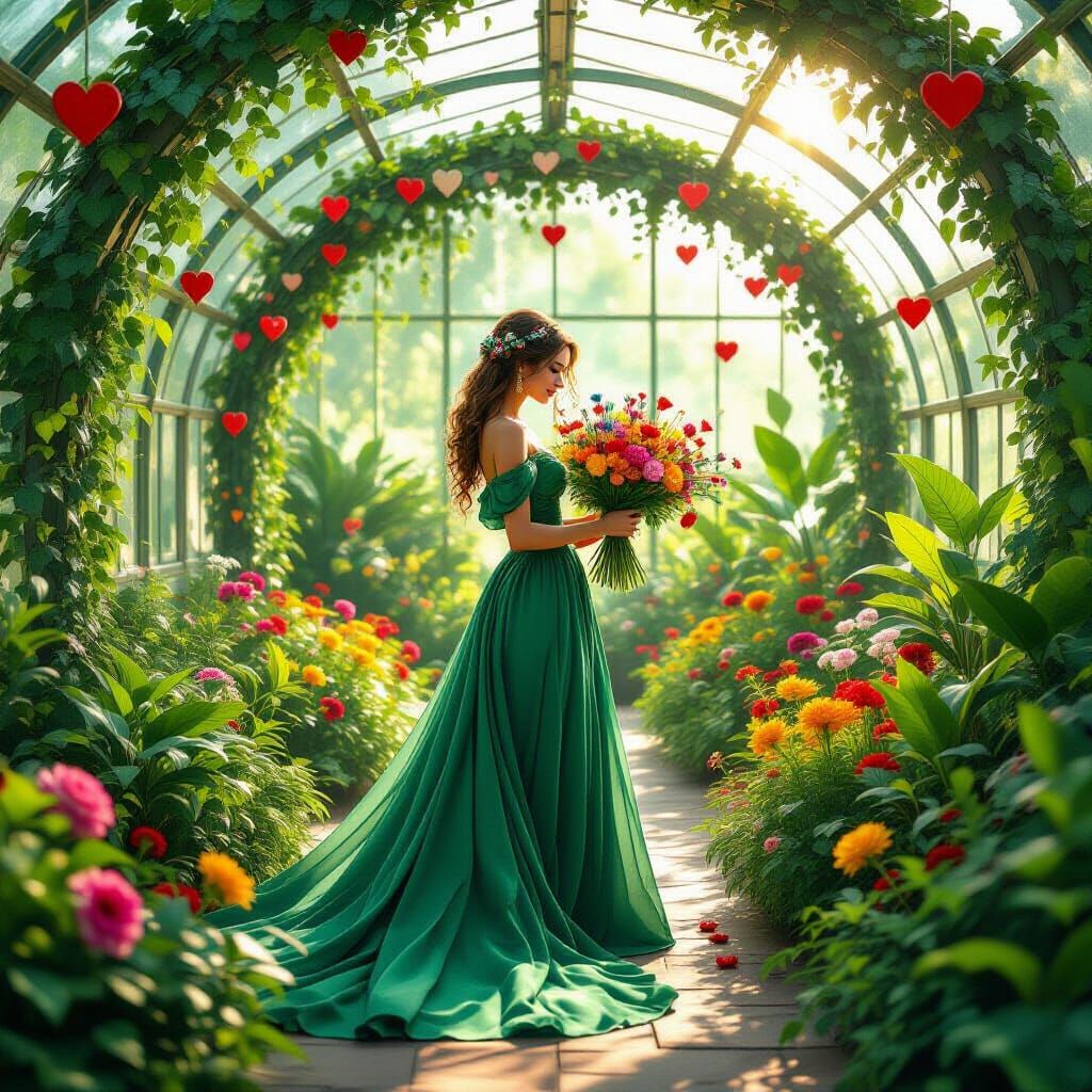 Woman Gathering Flowers in Lush Greenhouse, 3D Rendered
