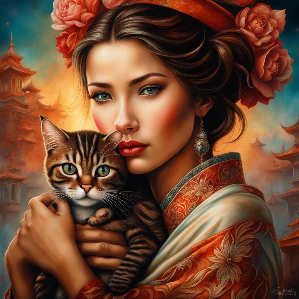 Woman and Kitten Portrait in Dreamy Luminism Style