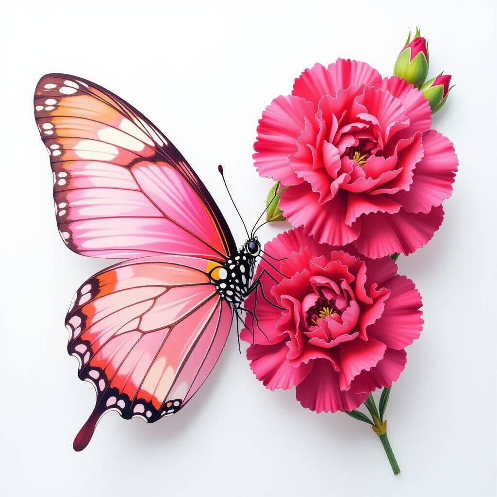 Pink Butterfly Transforms Into Red Carnations Watercolor Ill...