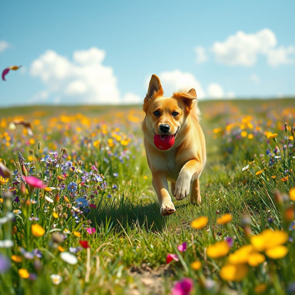 Dog Chases Ball Through a Vibrant, Sunlit Floral Meadow