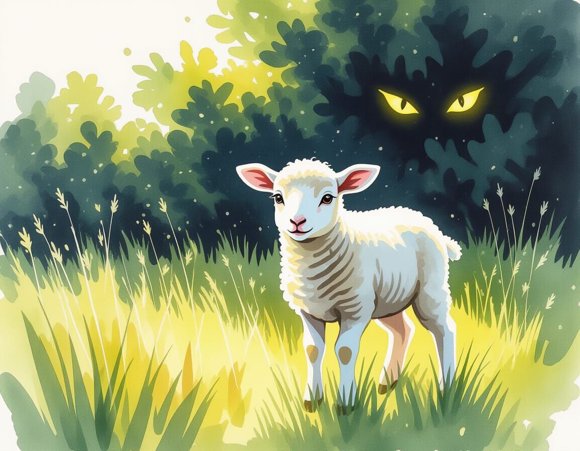 Frightened Lamb in Meadow, Expressive Watercolor