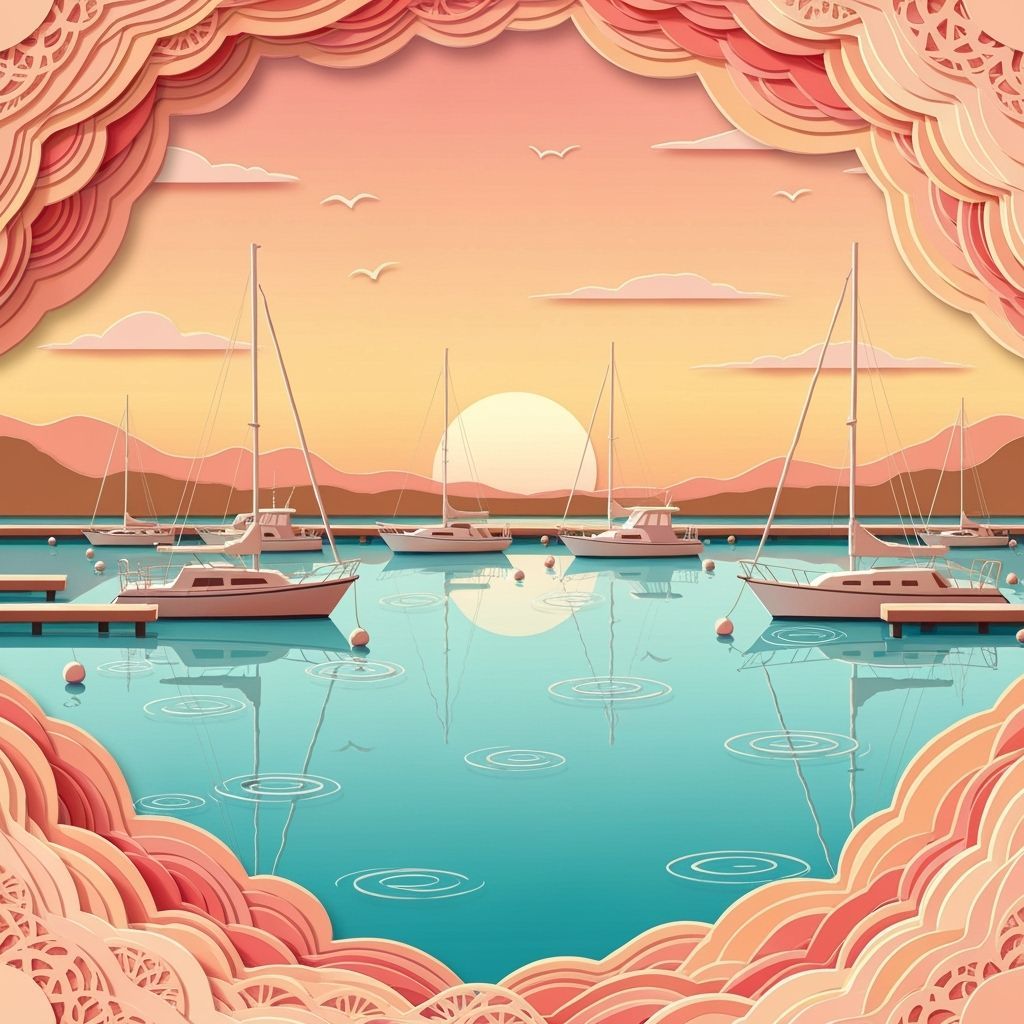 Sunset Marina in Whimsical Paper-Cut Style