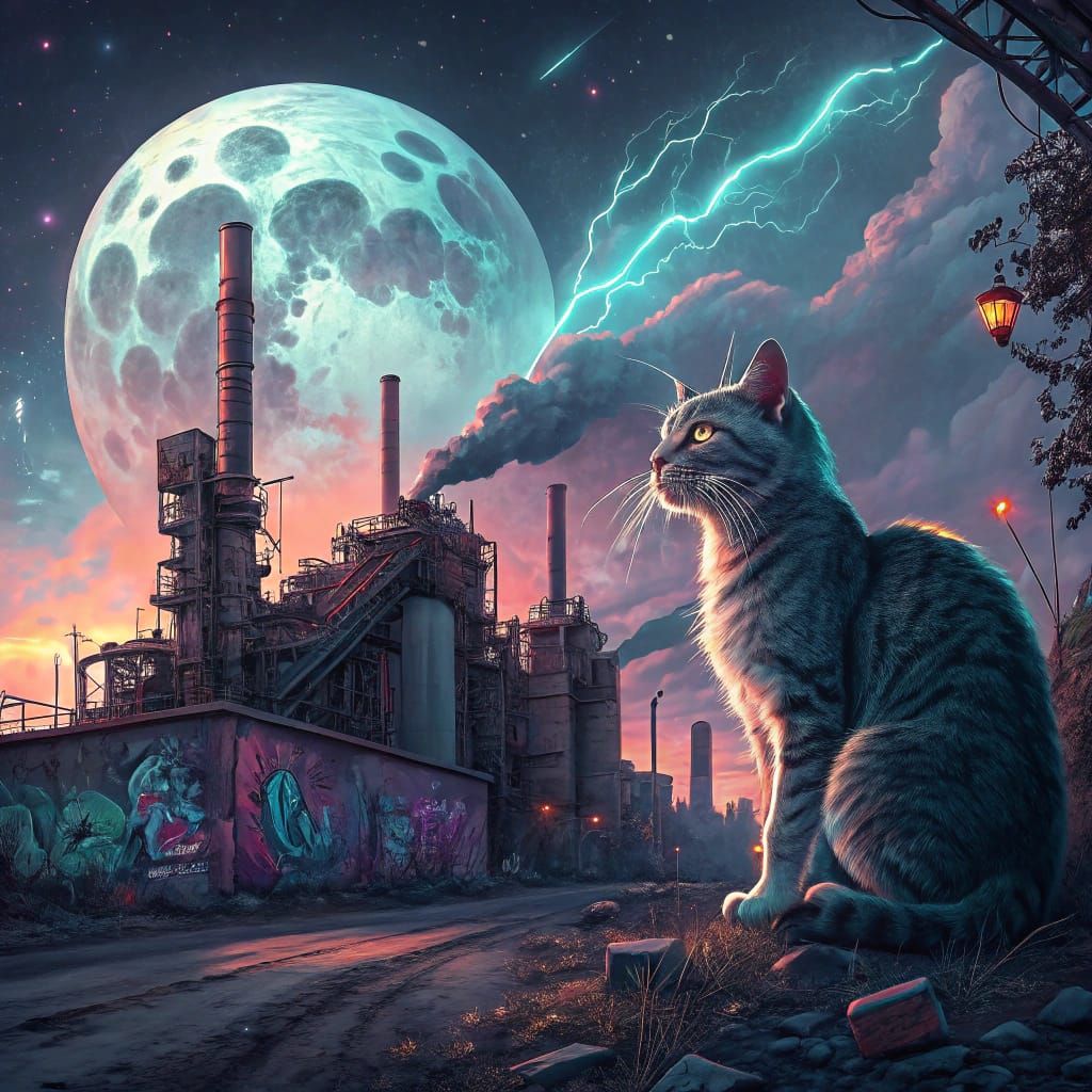 Majestic Feline in Neon-Lit Industrial Dreamscape