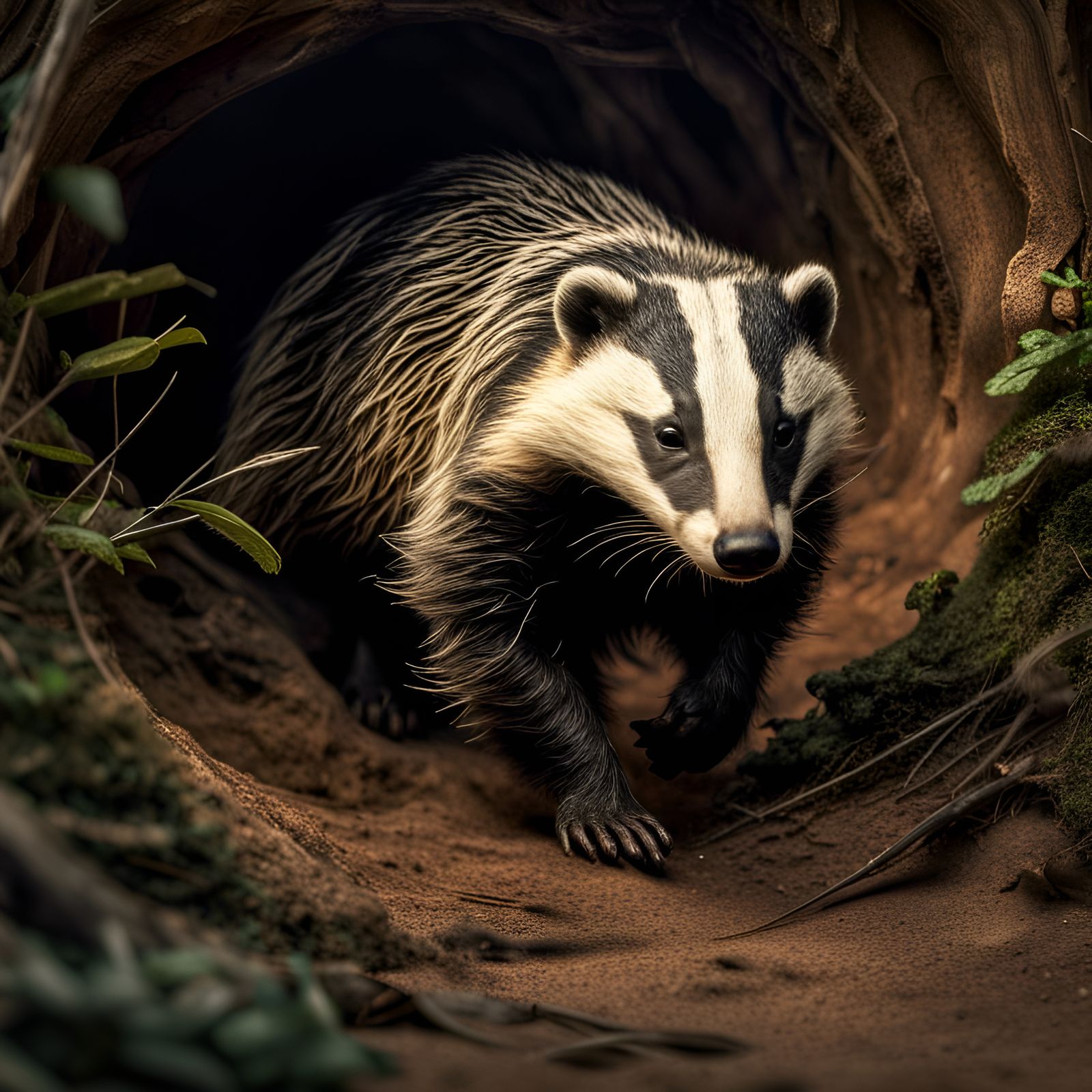 Badger Family Leaving Den: Hyperrealistic Wildlife Scene