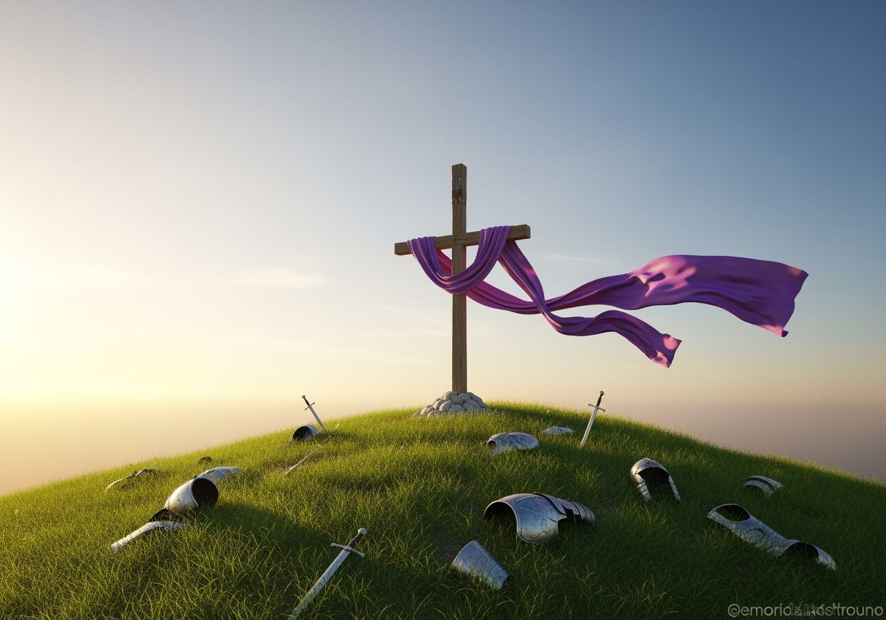 Sunlit Hilltop Cross with Armor Remnants