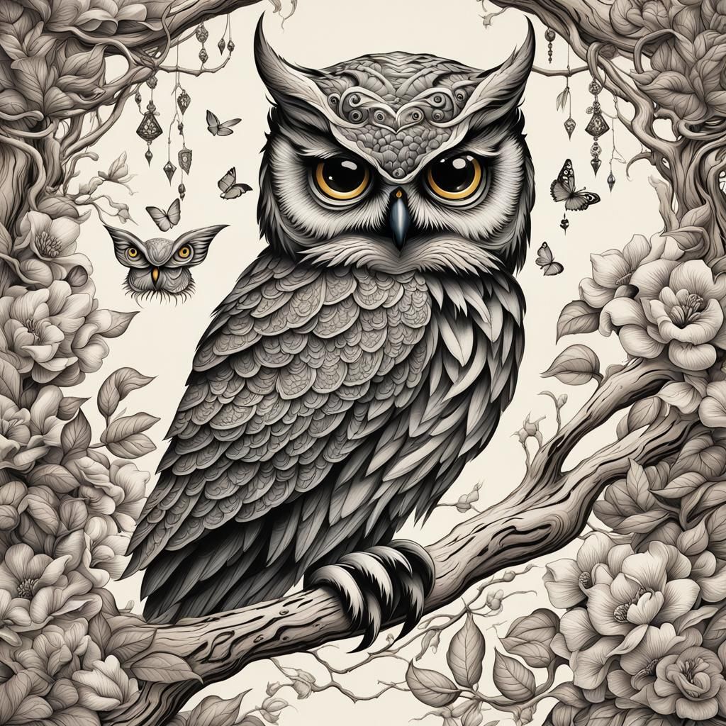 Owl in Tattooed Forest: Mystical Scene