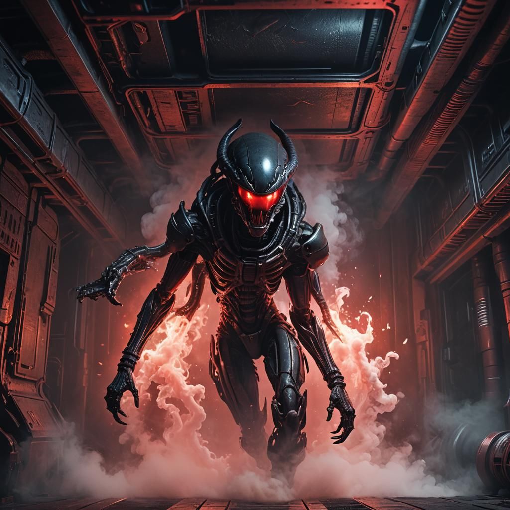 xenomorph inside an air duct, smoke and dry ice, red light b...