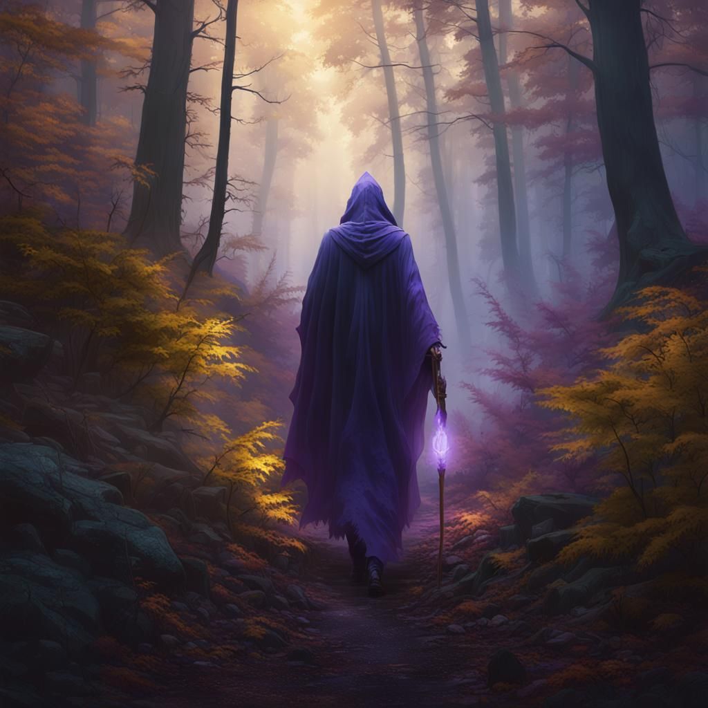 Mysterious Cloaked Figure in Misty Forest, Dark Fantasy