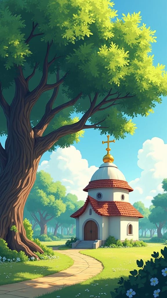 Anime-Inspired Church with Golden Cross in Morning Light