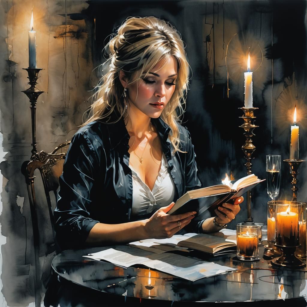 Intricately Detailed Surreal Woman Reading by Candlelight