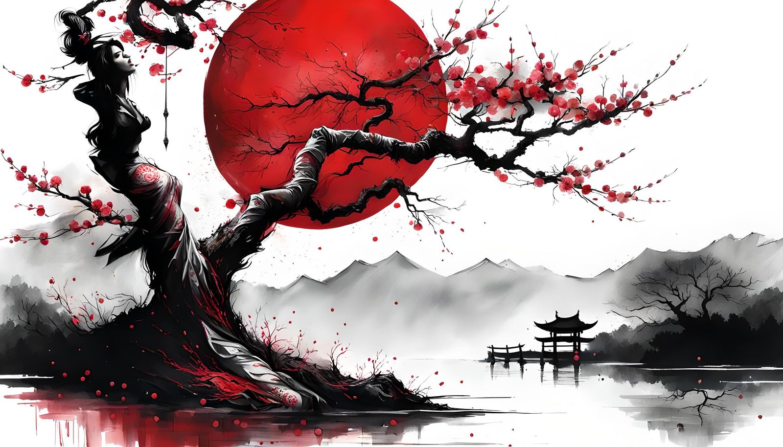 Geisha Tattoo: Cherry Tree and Red Moon