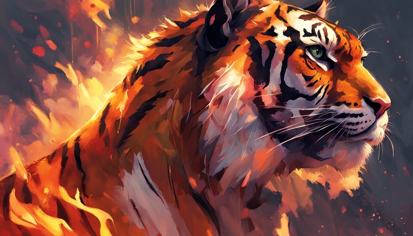Fiery Tiger Portrait in Watercolor Ink Style
