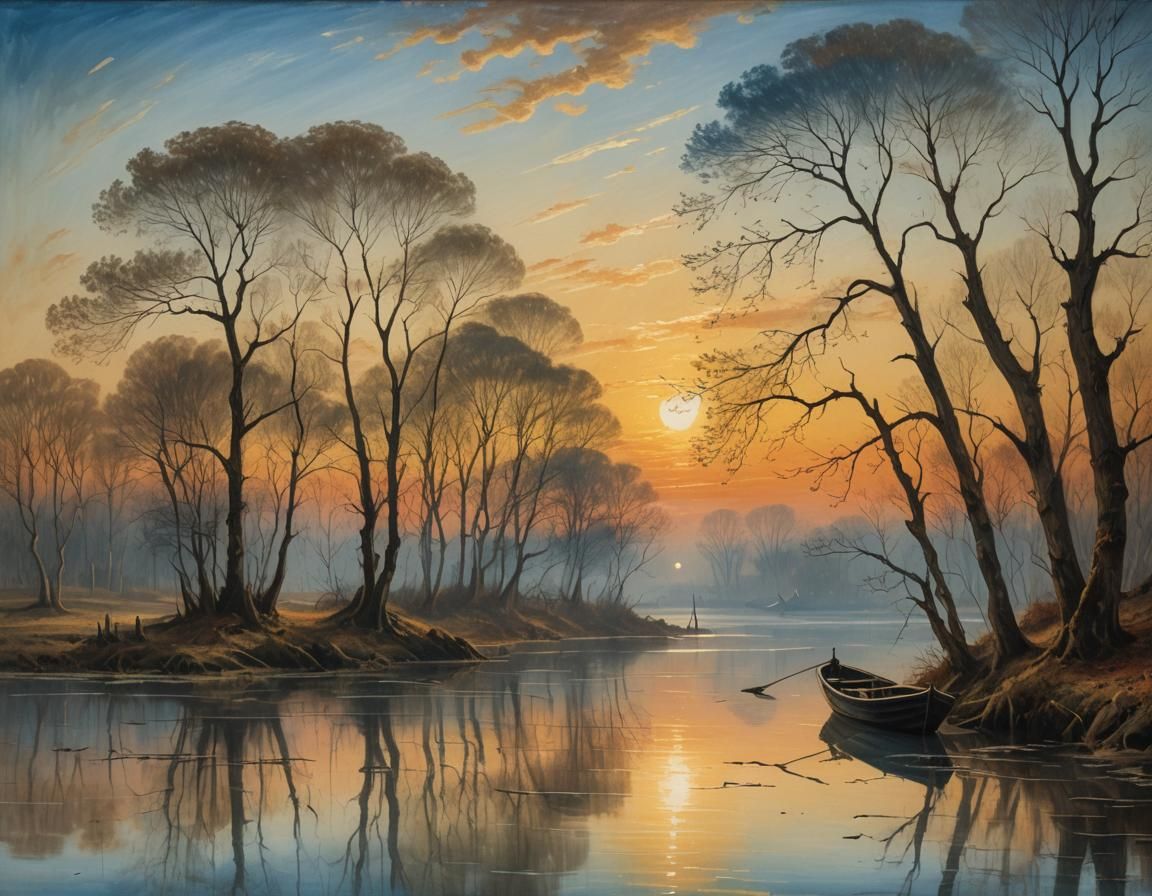 Fishing Boat on Lagoon at Sunset in Art Deco Style