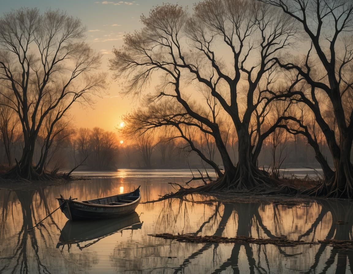 Sunset Boat in Romantic Style