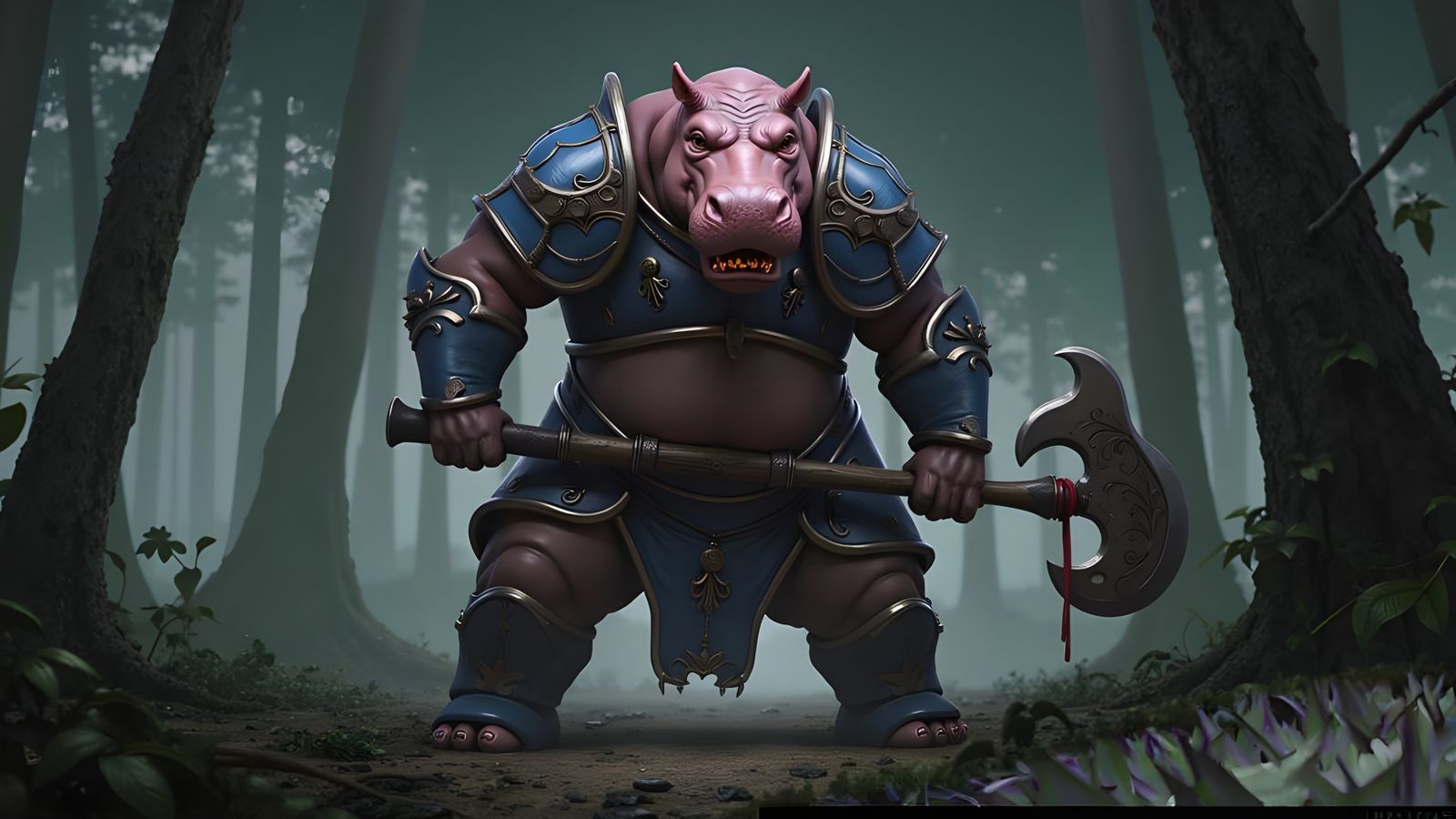 Hippo Warrior with Axe in Dark Fantasy Style