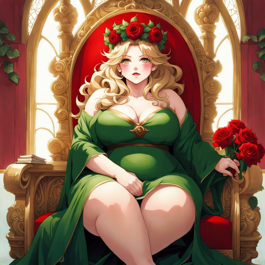 Curvy Woman with Rose Crown in Anime Style
