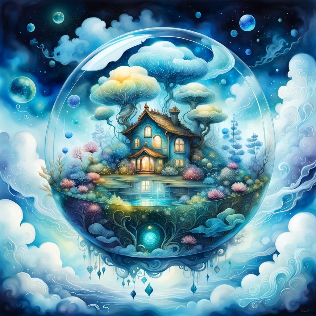 Bioluminescent Terrarium Ecosystem on Cloud, Watercolor Styl...