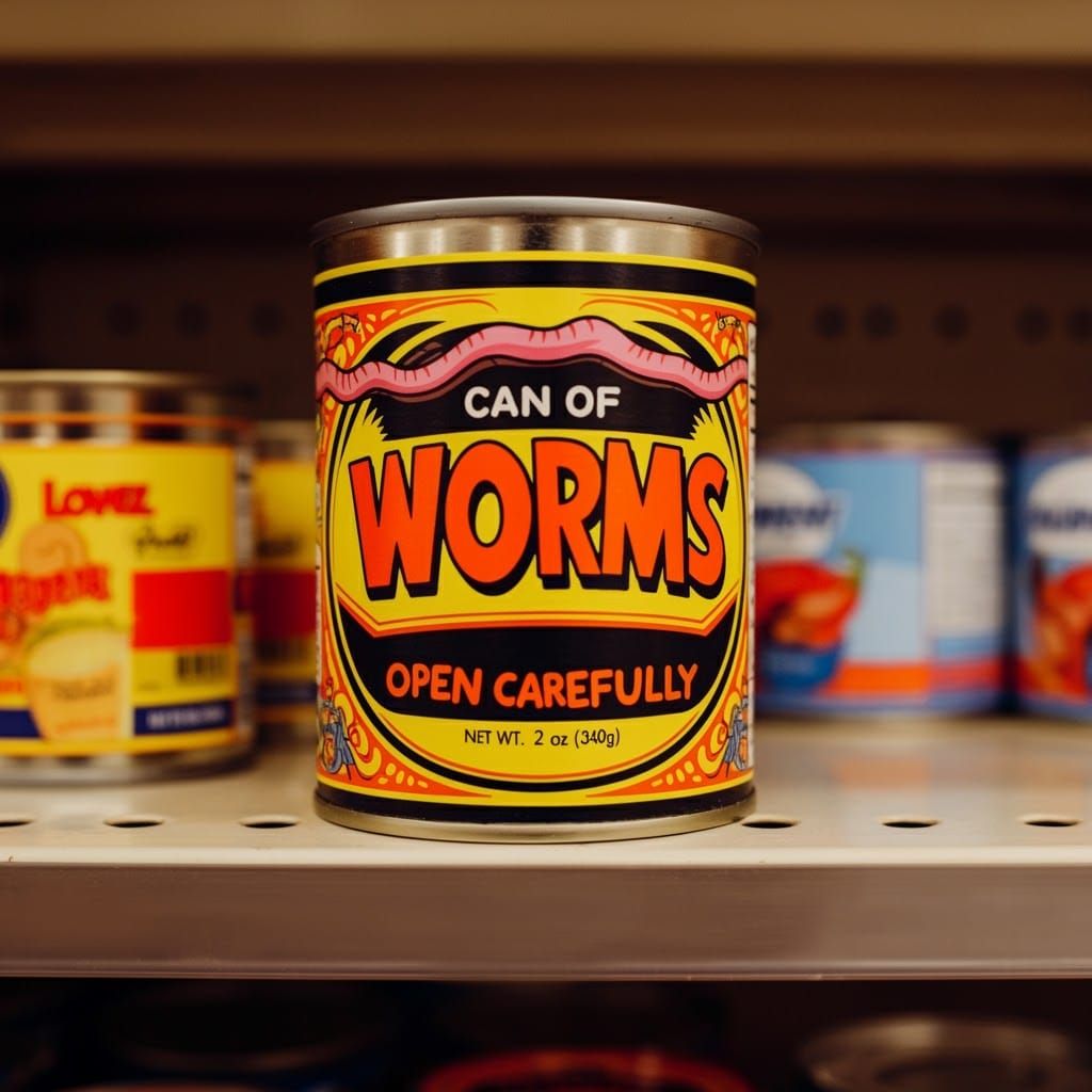 Vibrant Can of Worms Tin Can on Grocery Shelf