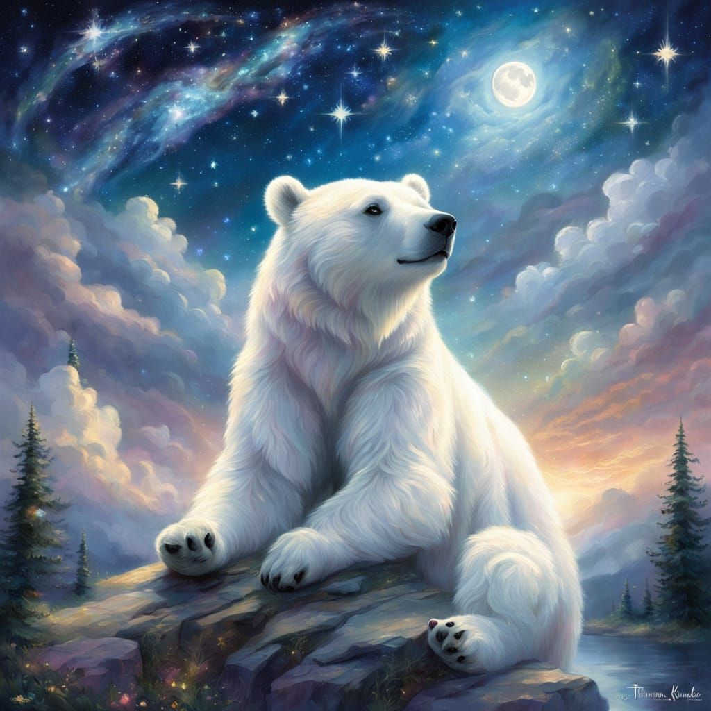 Angelic White Bear Gazes at Starry Night Sky