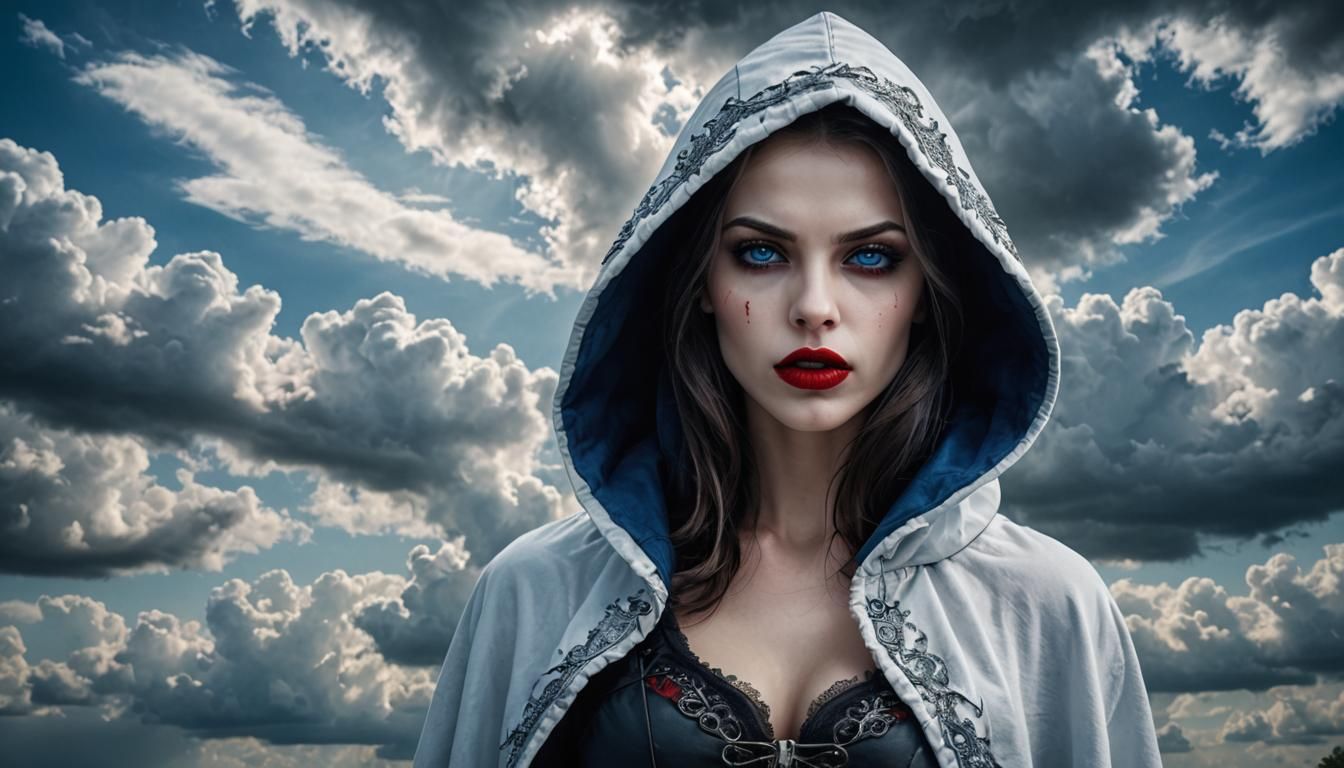 Blue Hooded Vampire with Red Lips and Blue Eyes