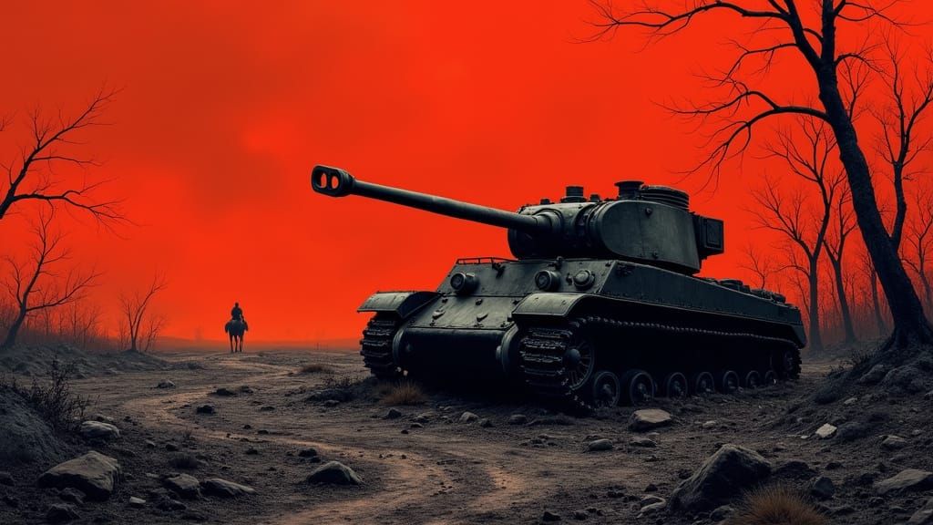 Apocalyptic Landscape: Destroyed Tank & Lone Rider