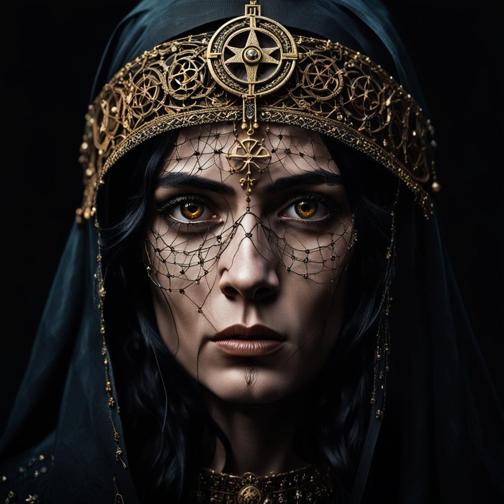 Mysterious Spanish Woman Portrait with Occult Symbols