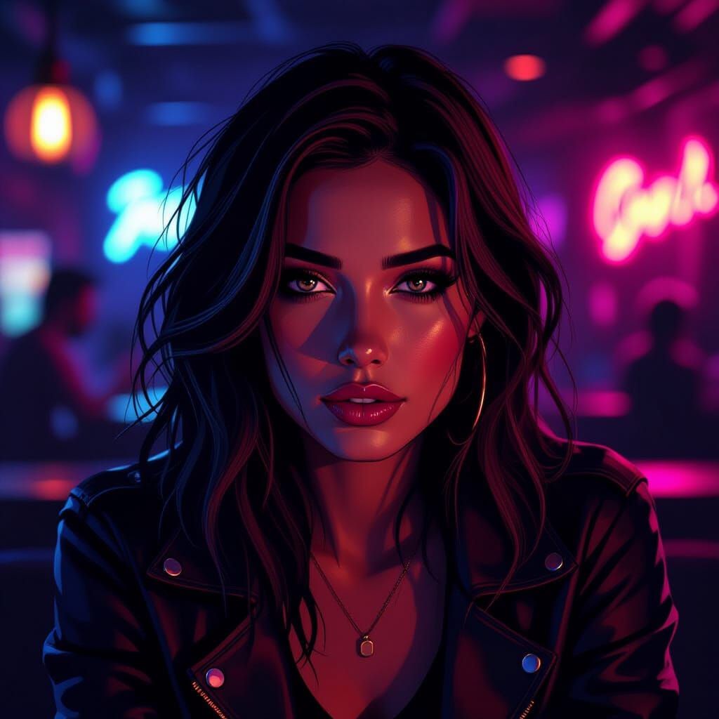 Intense Gaze in Neon Nightclub, Digital Painting