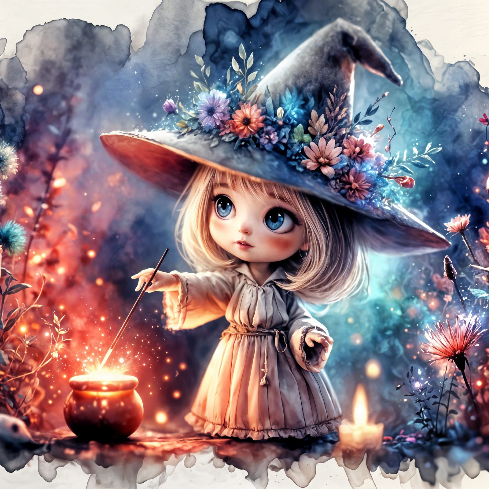 Charming Tiny Witch Casting Spell in Watercolor Style