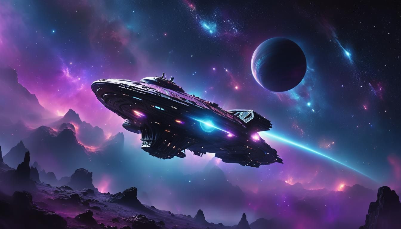 Sci-Fi Spaceship Orbiting Distant Planet in Deep Space