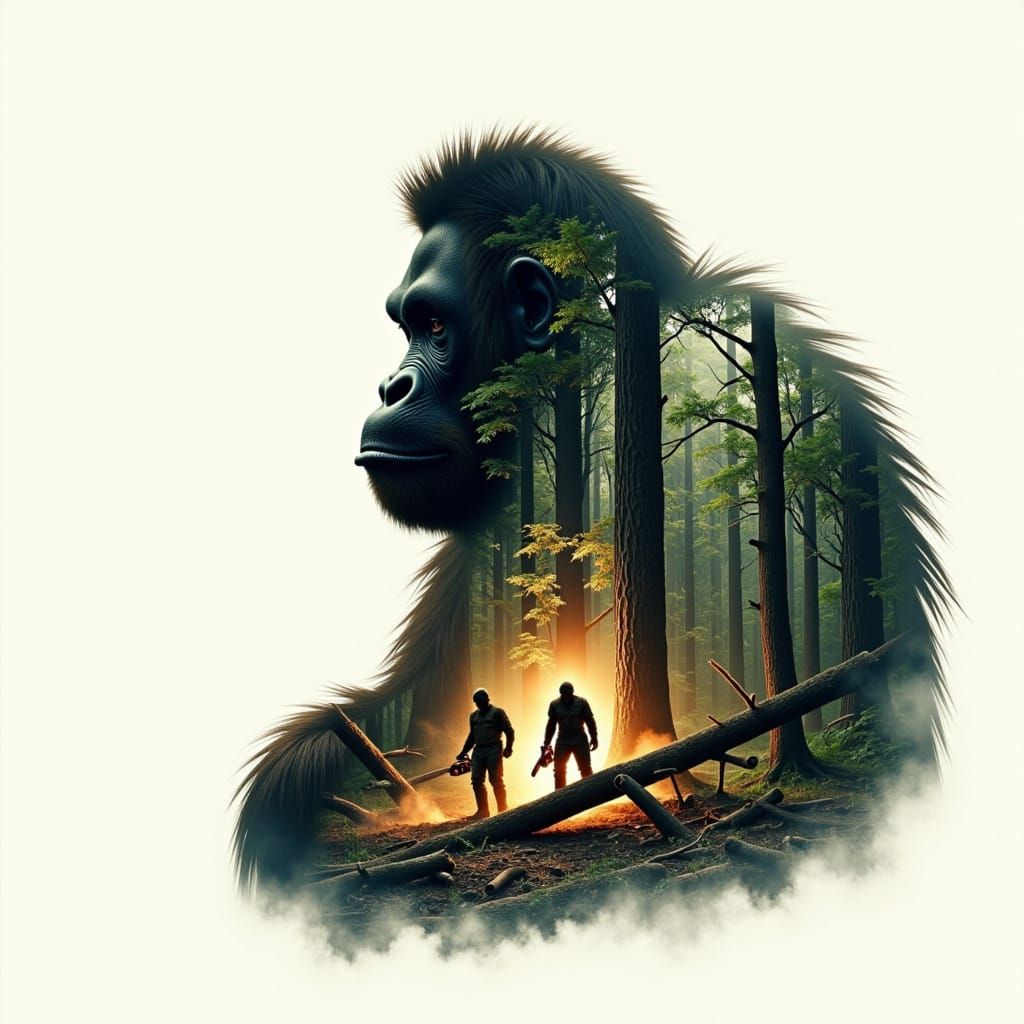 Orangutan Confronts Logging in a Somber Rainforest Landscape