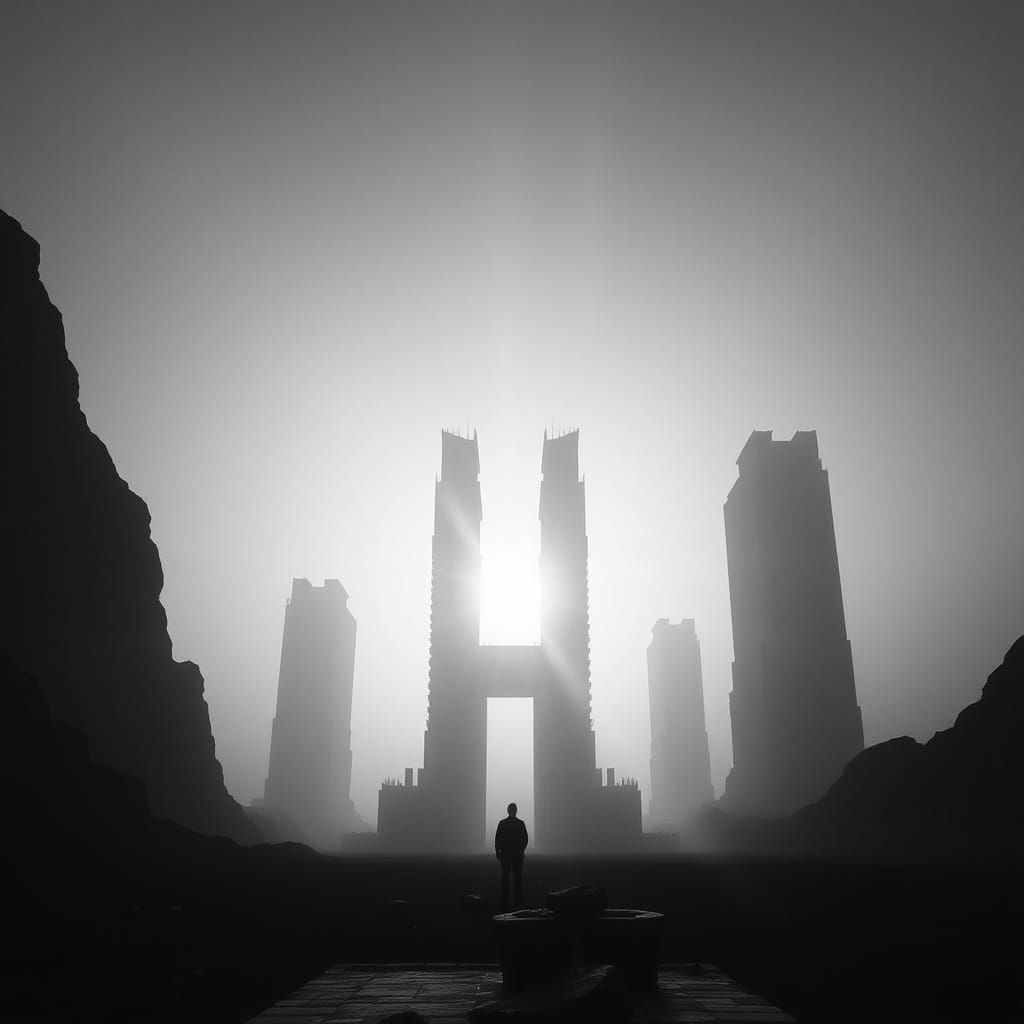 Dark Brutalist Megastructure in a Black and White Landscape