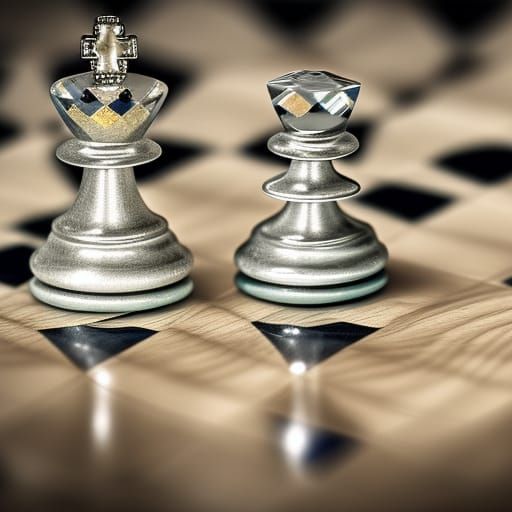 Diamond Chess Pieces on Glass Cube in HDR