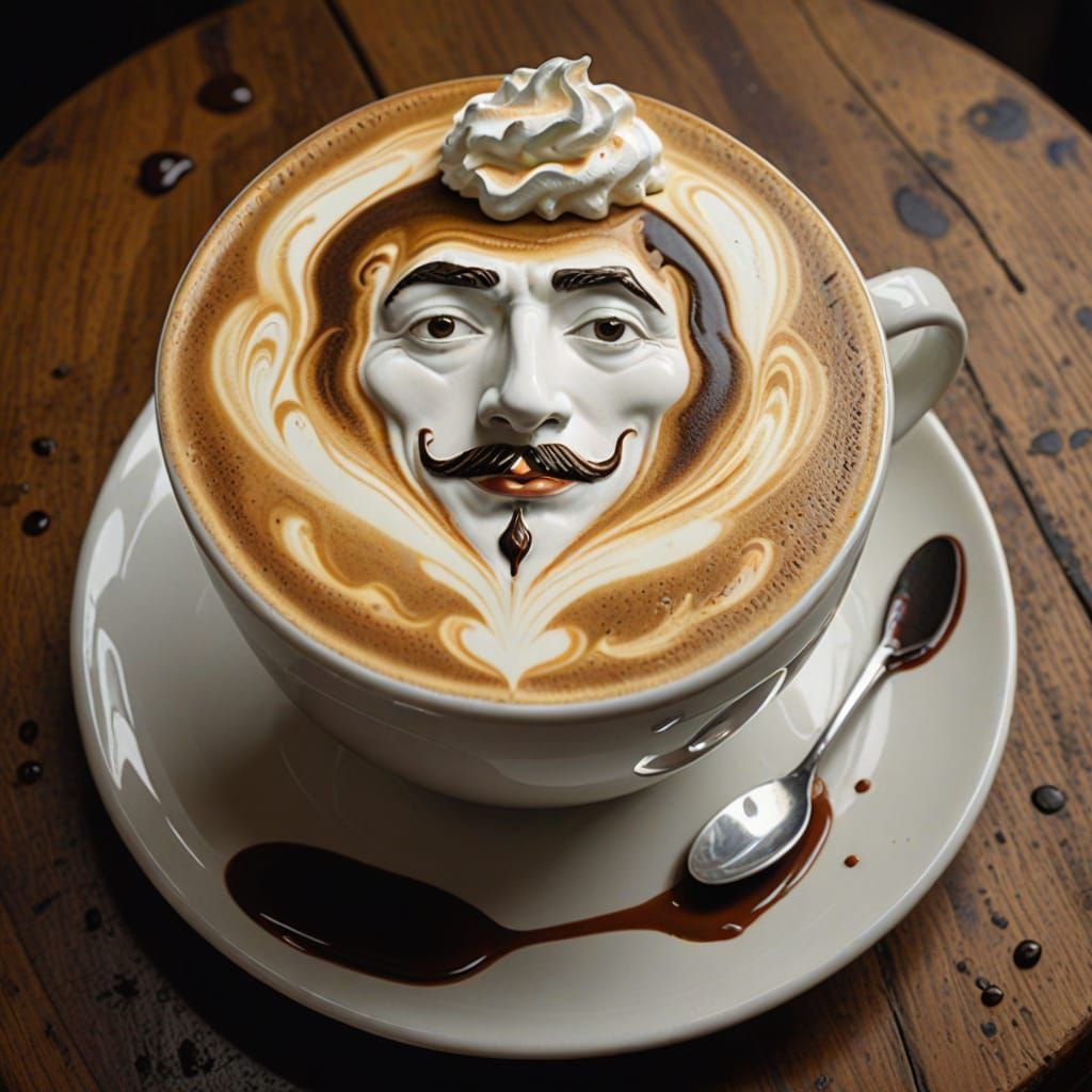 Latte with Human Face in Surrealistic Tabletop Still-Life