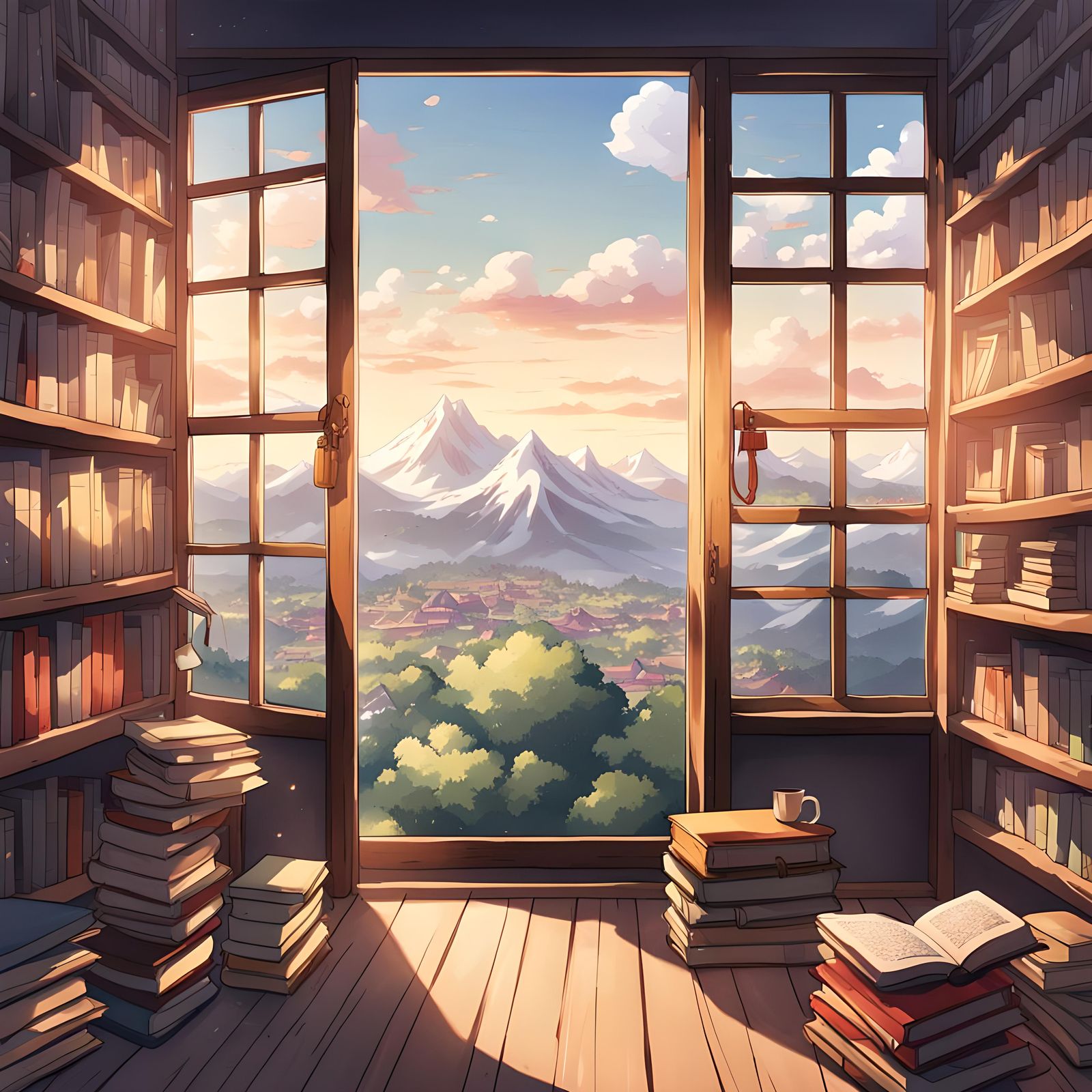 Loft Bookshelf with Alps View in Anime Style