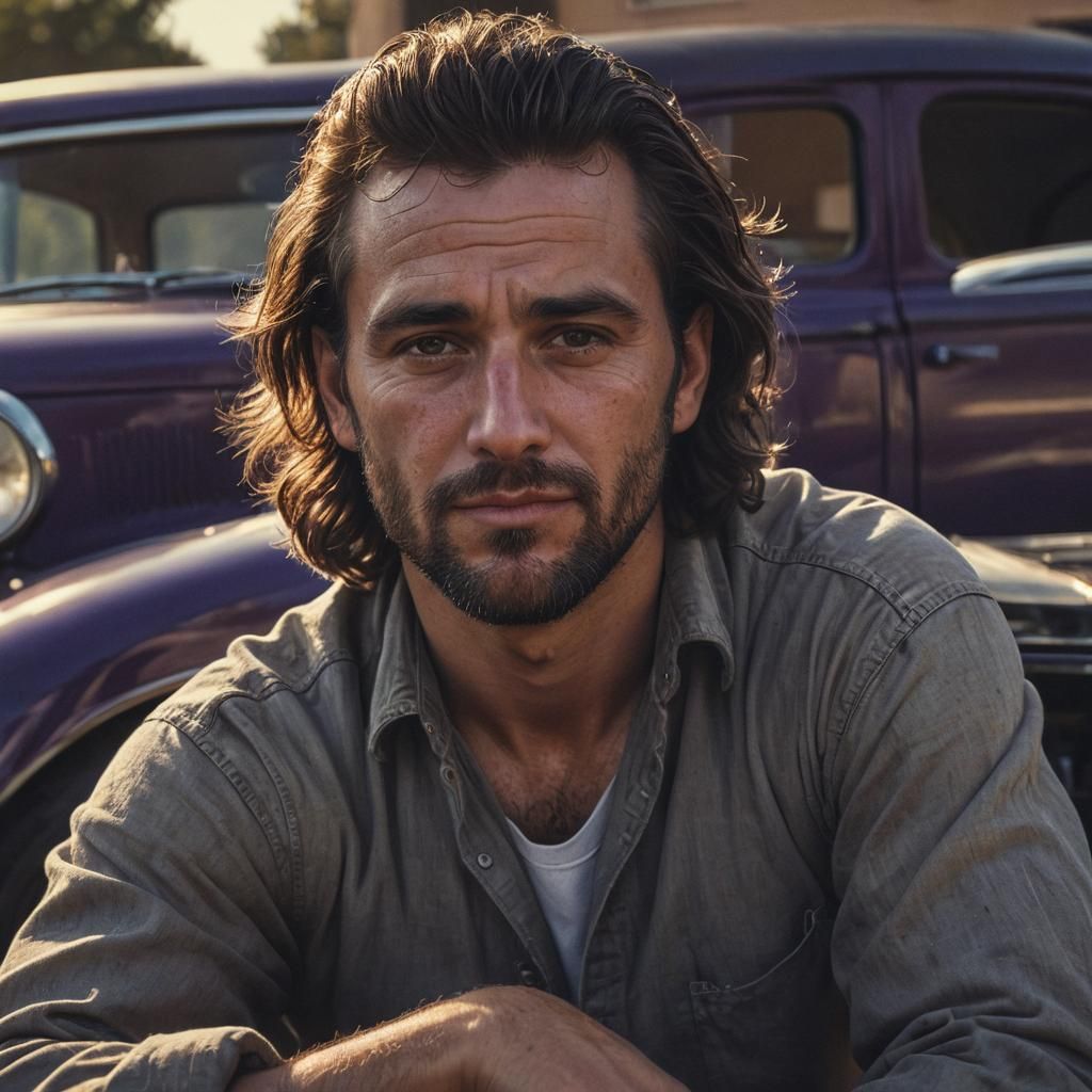 Rugged Man Portrait with Classic Car in Golden Light