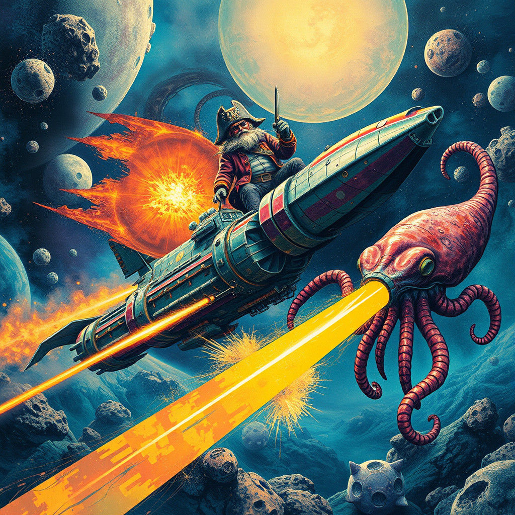 Vibrant Surreal Spacecraft Under Siege by Pirate Ship and Al...