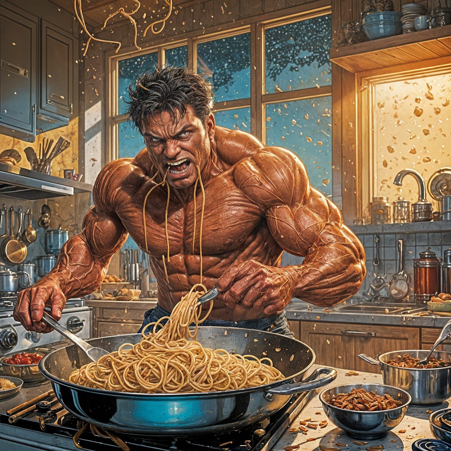 Venom Cooking Spaghetti: Comic Book Style Art