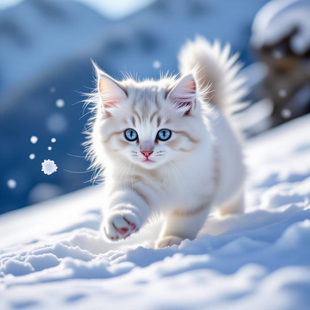 Snow White Cat Cub Playing in Alpine Snow