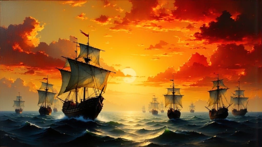 Spanish Galleons at Sunset in Renaissance Style