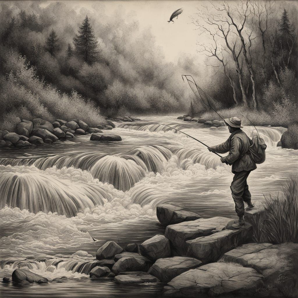 Fisherman in Turbulent River Landscape