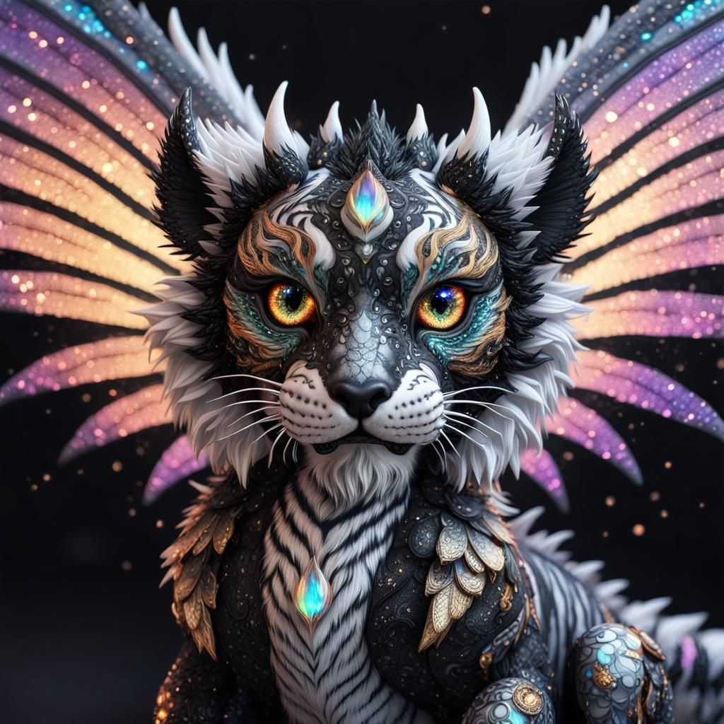 Winged Tiger Dragon with Iridescent Stars, CGI Art