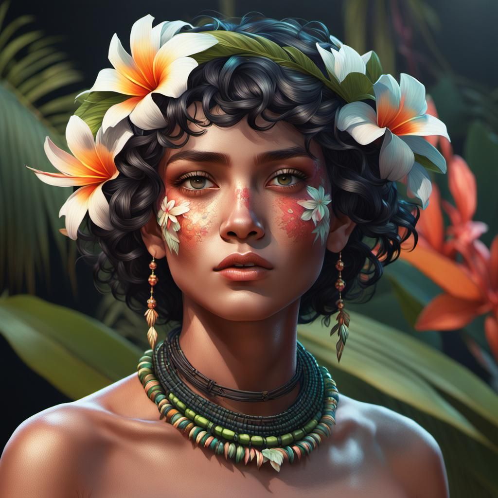 Tahitian Girl Portrait in Art Nouveau Style
