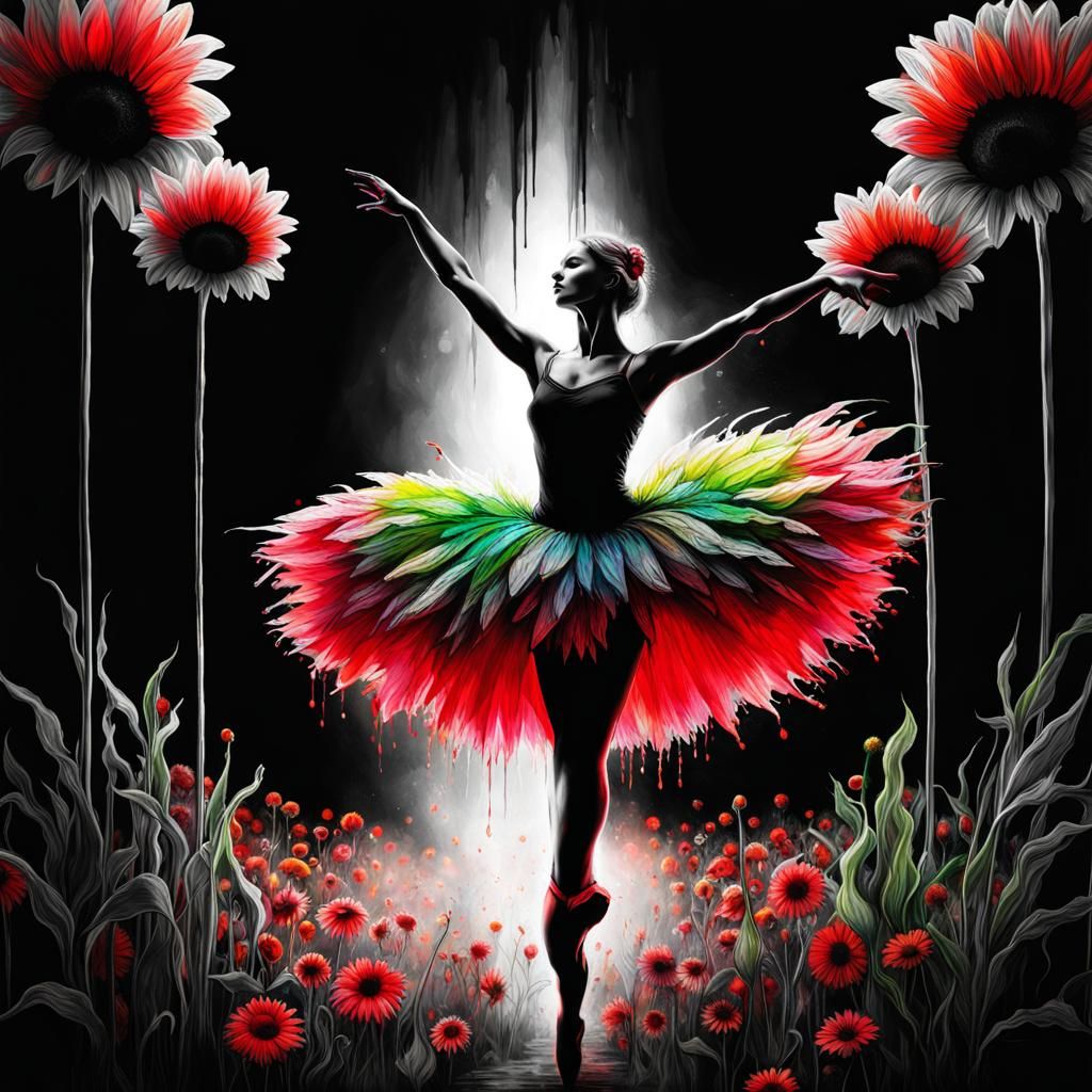 Ballerina Dancing in Sunflower Field: Detailed Ink Art