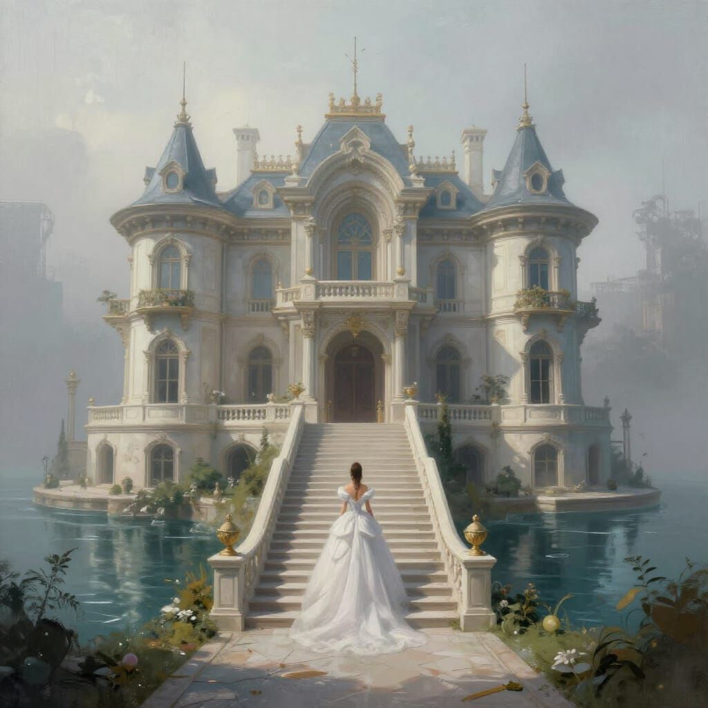 Cyberpunk Italian Mansion with Waterways in Foggy Landscape