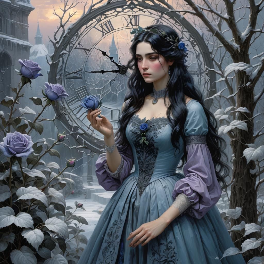 Pale Girl and Frozen Rose in Winter Garden