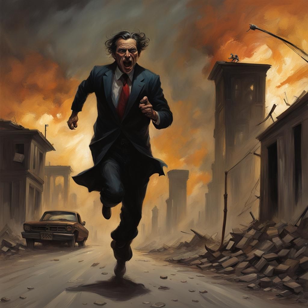 Sinister Figure Running from Debt in Gothic Style