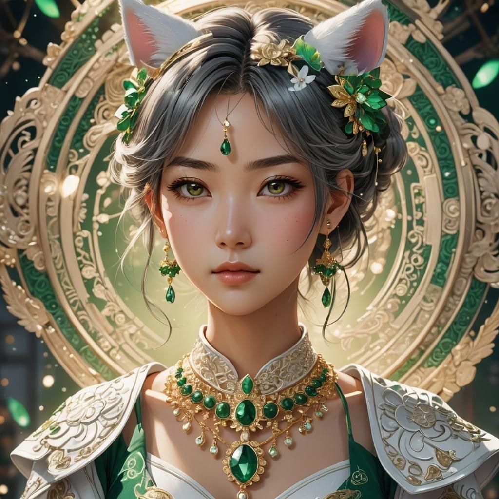 Emerald Necklace with East Asian Details in 3D Anime Style