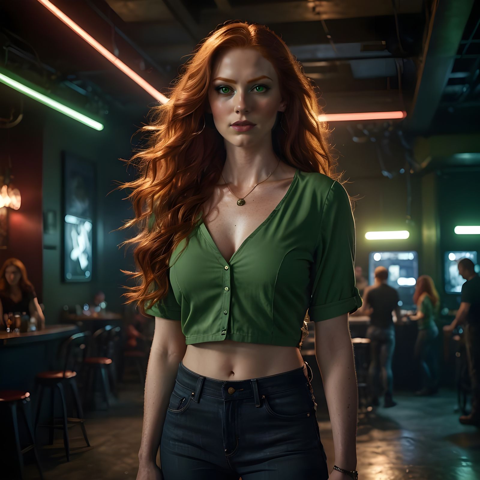 Hyperrealistic Redhead in Empty Nightclub, Cinematic Lightin...