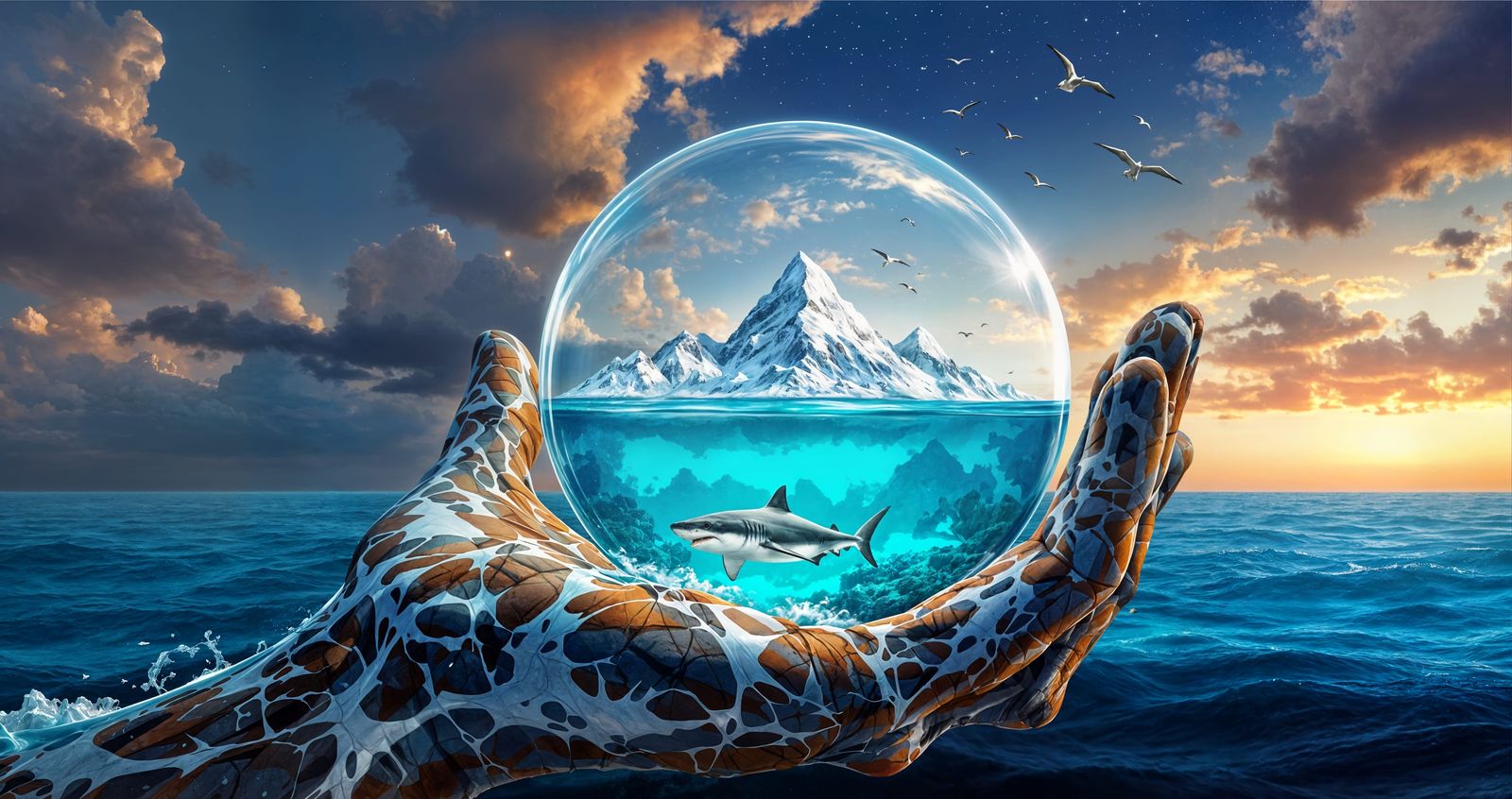 Surreal Fantasy Scene: Giant Hand Emerges from Ocean, Holdin...